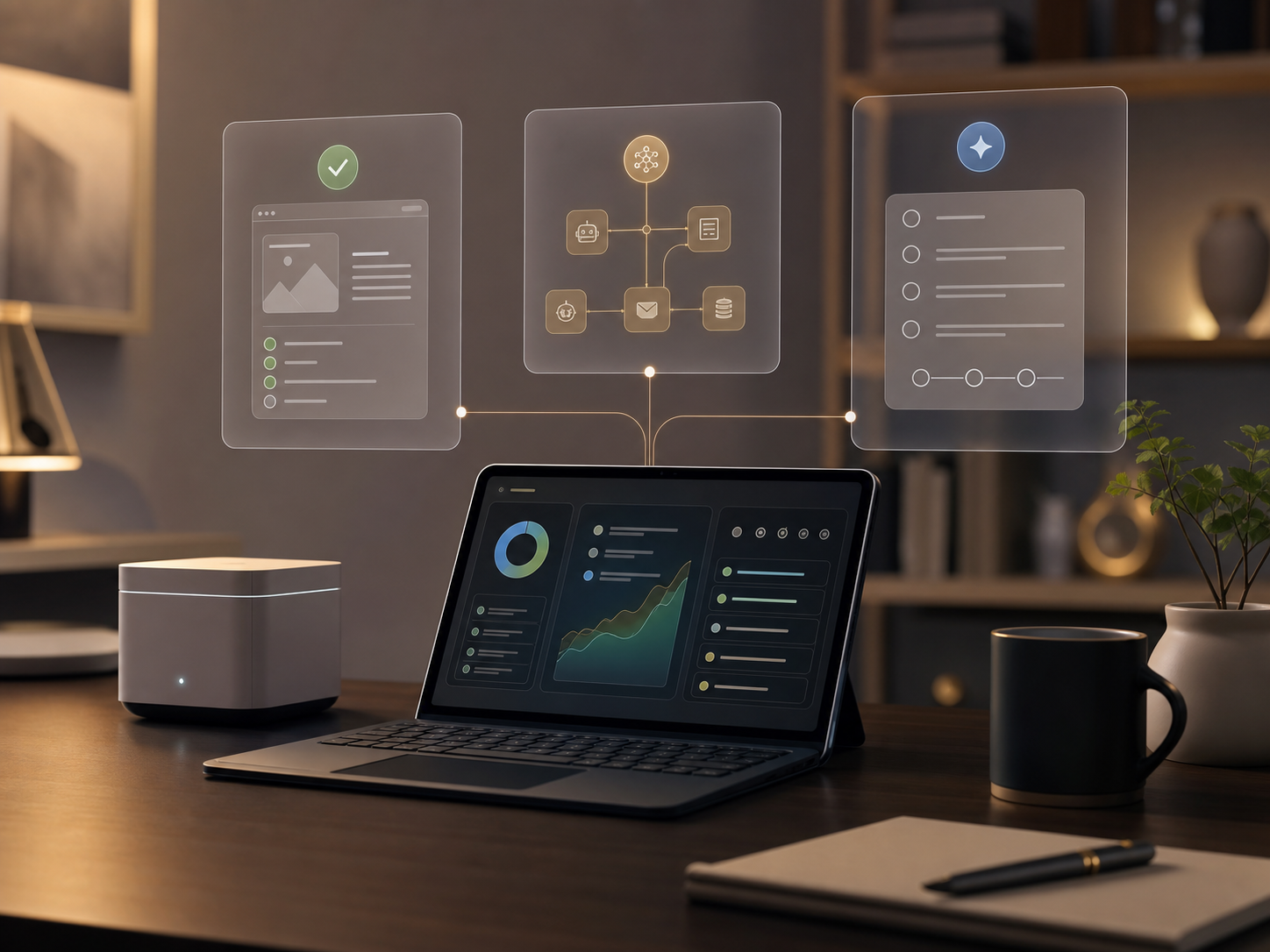 Visualisierung eines KI-Setup-Checks mit Website-Analyse, Automatisierung und Setup-Plan